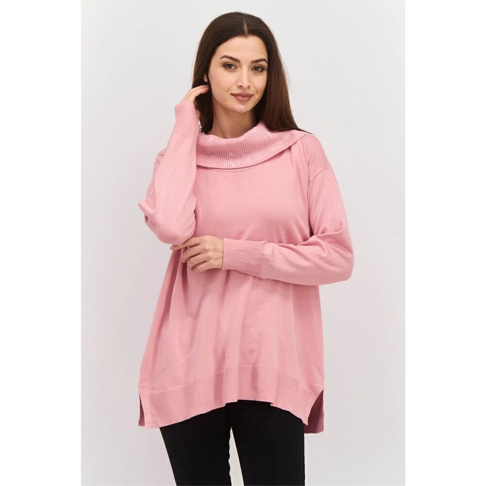 JM Collection Pink Sequined Cowl Neck Soft Girl Sweater Size XXL